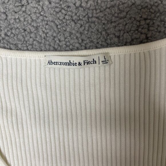 Abercrombie & Fitch off white Knit Ribbed Bodysuit Size L Long Sleeve V-Neck - Picture 2 of 8